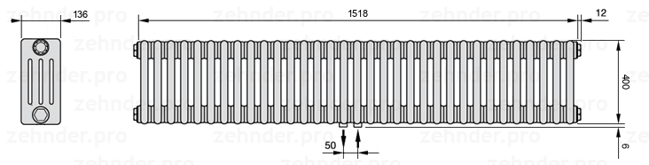 Схема (чертеж) Радиатор Zehnder Charleston 4040/33 №5410 Белый глянцевый RAL 9016
